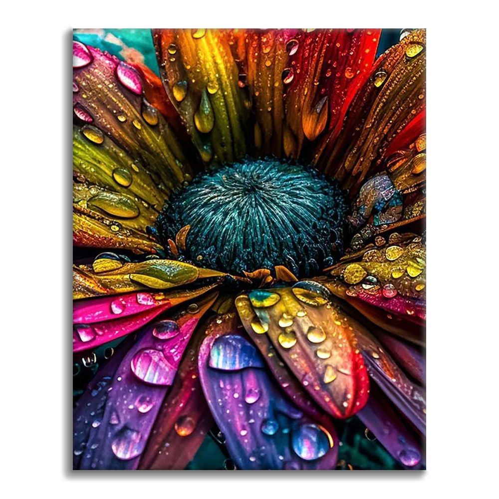 雨粒のついた鮮やかな花 - 数字で塗り絵