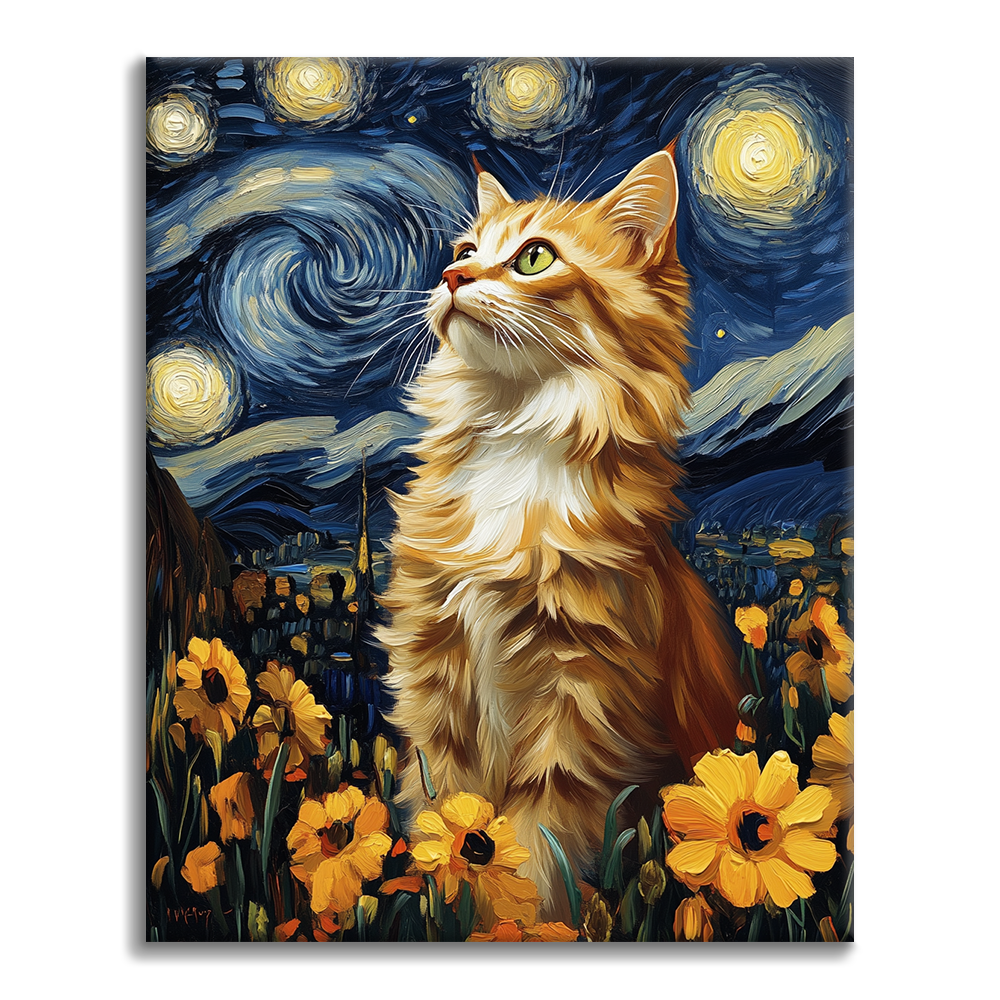 星空の夜の猫 - 数字で塗り絵