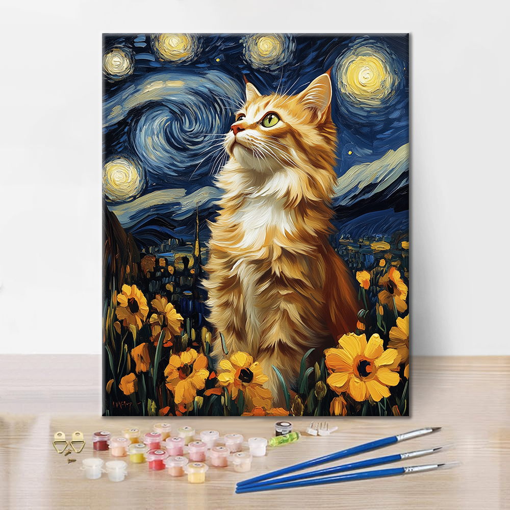 星空の夜の猫 - 数字で塗り絵