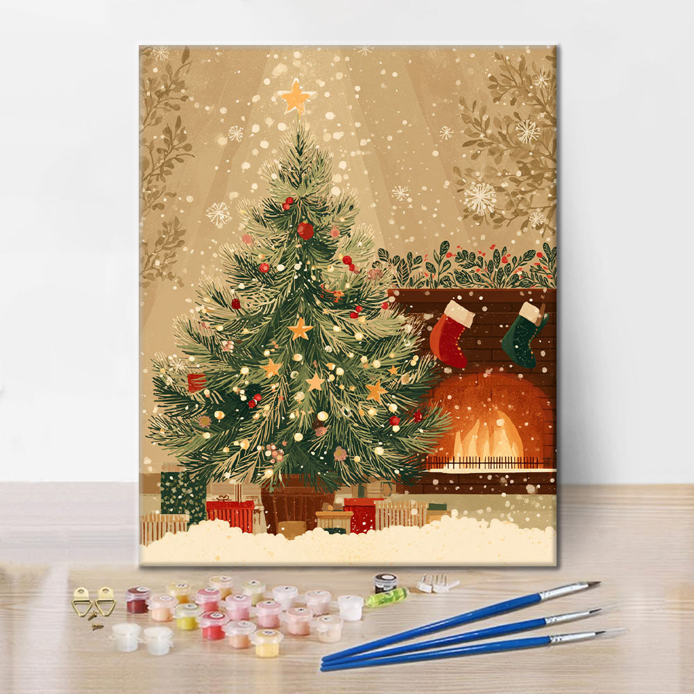 クリスマスツリーと暖炉 - 数字で塗り絵