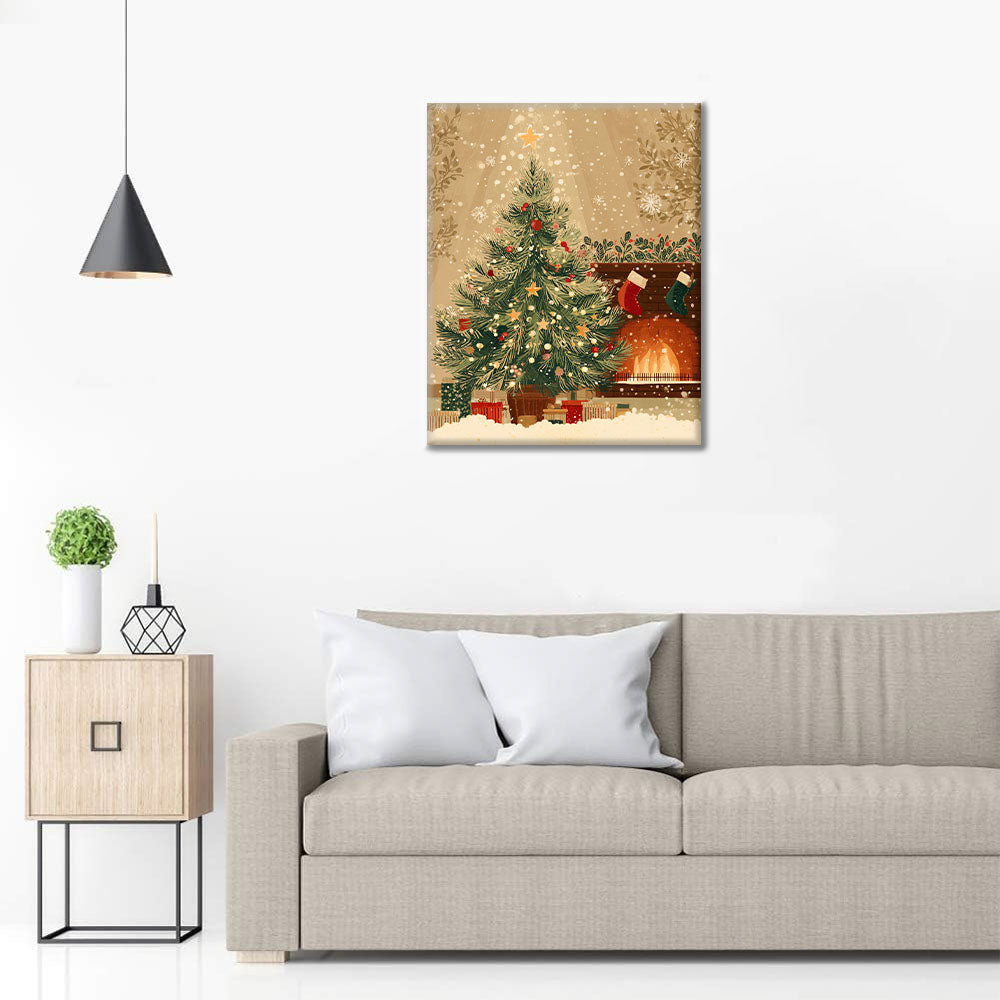 クリスマスツリーと暖炉 - 数字で塗り絵