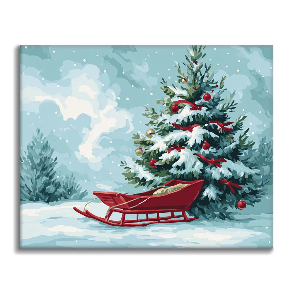 クリスマスツリーとそり - 数字で塗り絵