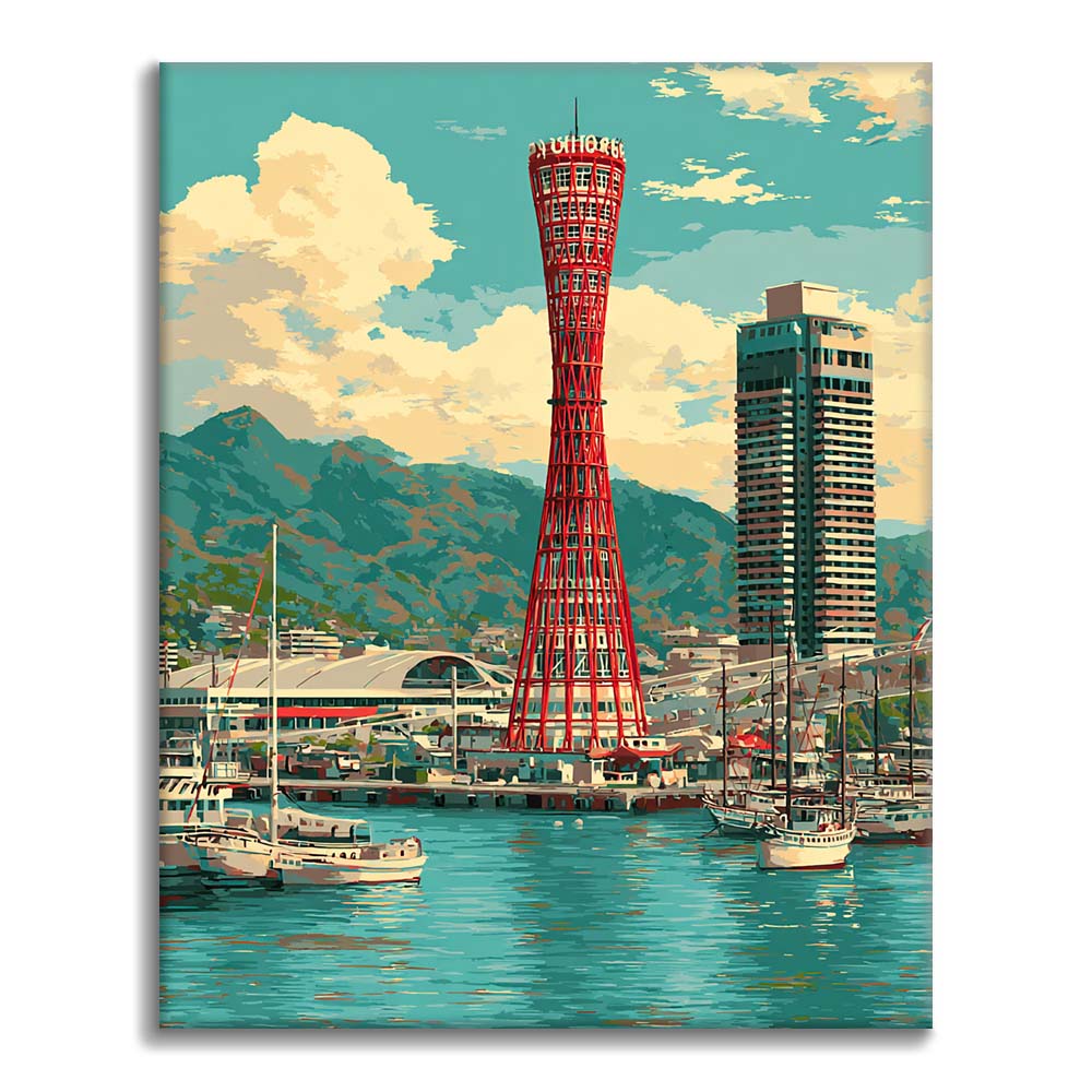 油絵「 KOBEポートタワー　 」F8号 色面で構成されたアートモチーフ｜赤・オレンジ・ゴールドの色調｜数字