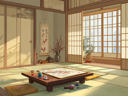 日本のお正月に新年の贈り物をイメージしたデジタル油絵と温かい家庭の風景