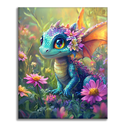 花に囲まれたカラフルなドラゴン - 数字で塗り絵