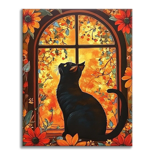 花窓の前の猫 - 数字で塗り絵