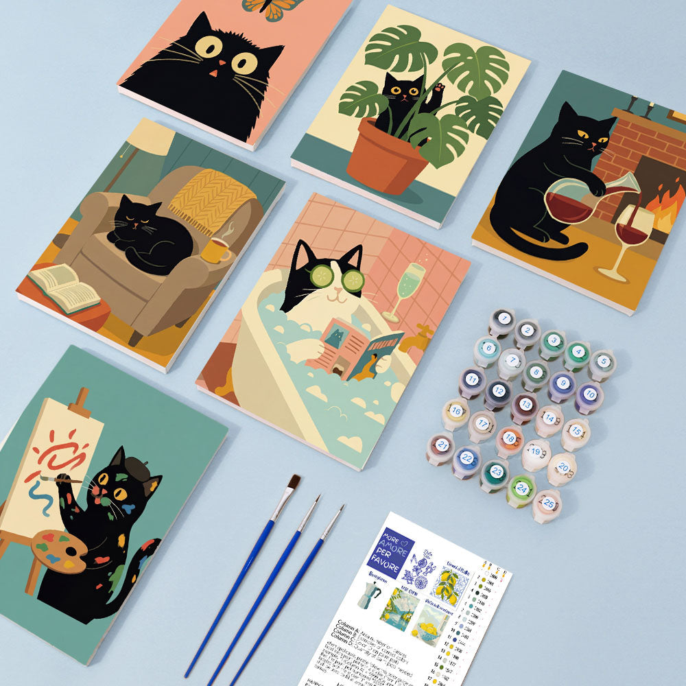 のんびりとした黒猫 - 数字塗り絵ミニアート