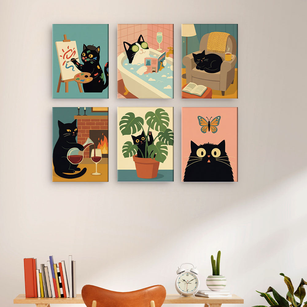 のんびりとした黒猫 - 数字塗り絵ミニアート