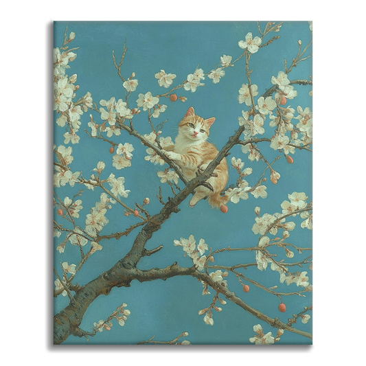 アプリコットの花の木と猫 - 数字で塗り絵