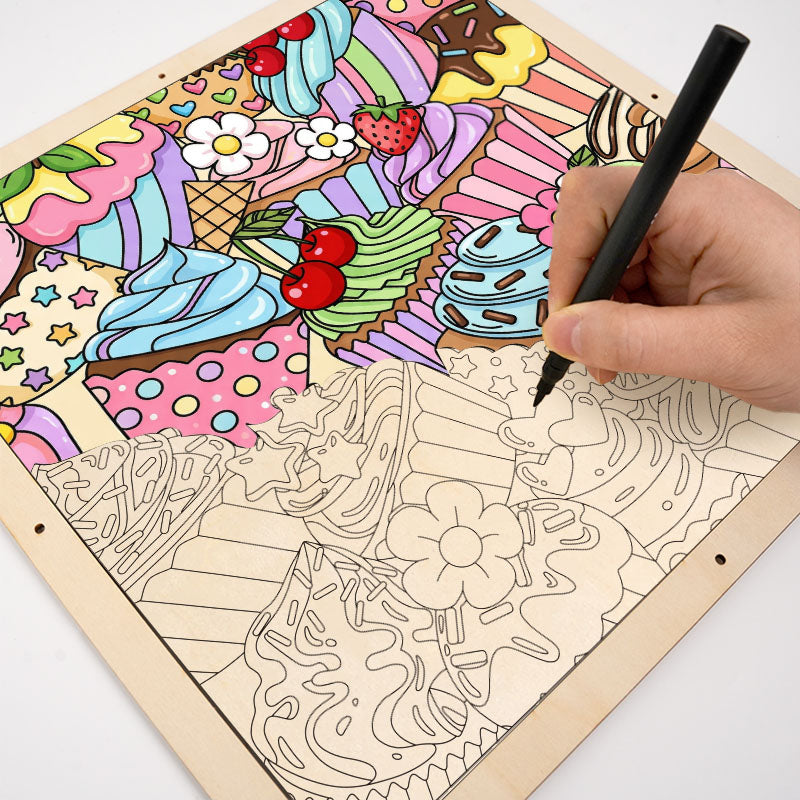 かわいいカップケーキ - 木製ぬりえパズル