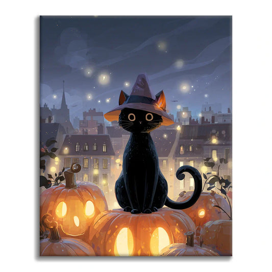 カボチャの上に座る魔法使い猫 - 数字で塗り絵