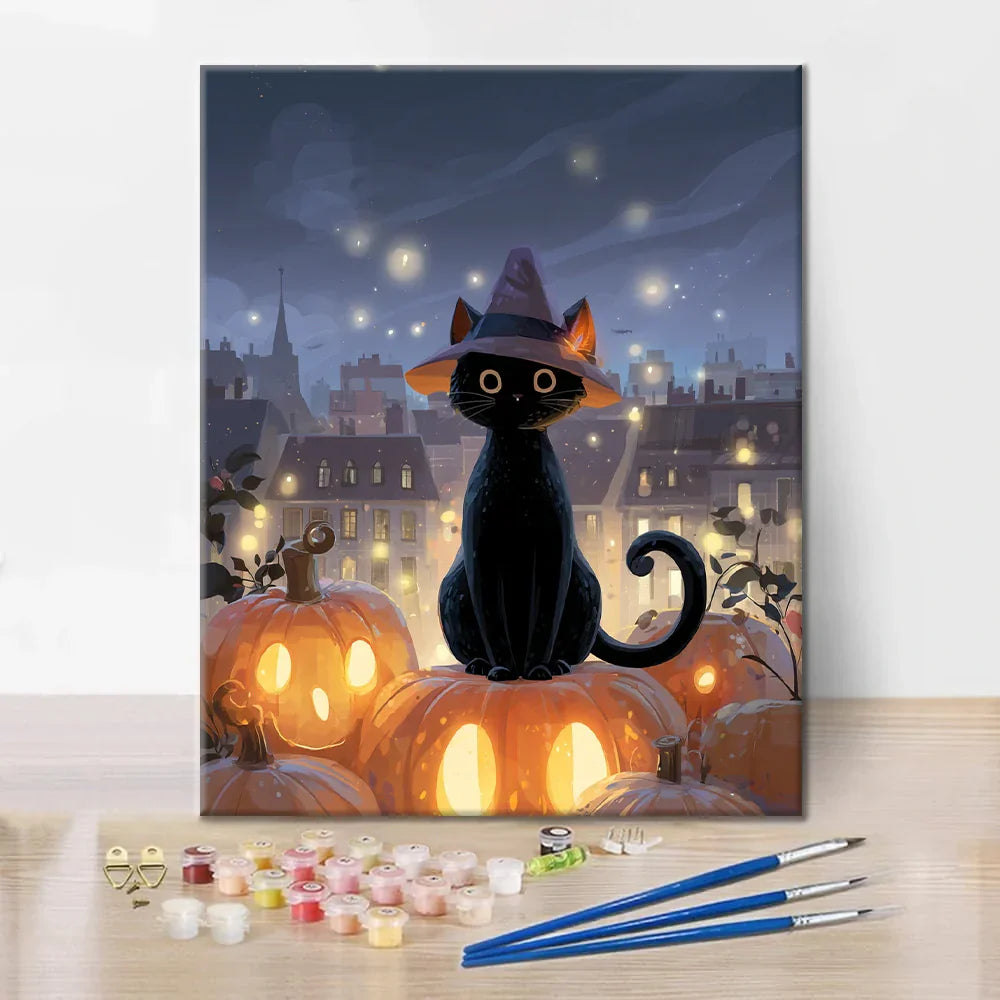 カボチャの上に座る魔法使い猫 - 数字で塗り絵