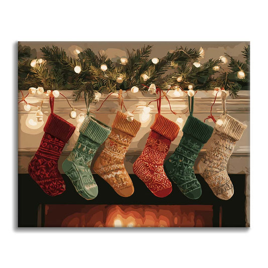 暖炉のそばのクリスマスストッキング - 数字で塗り絵