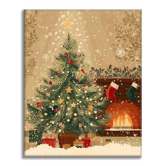 クリスマスツリーと暖炉 - 数字で塗り絵