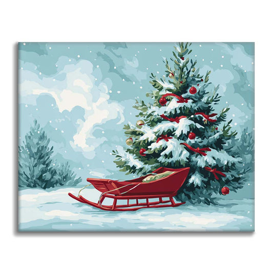 クリスマスツリーとそり - 数字で塗り絵