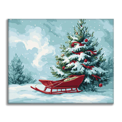 クリスマスツリーとそり - 数字で塗り絵
