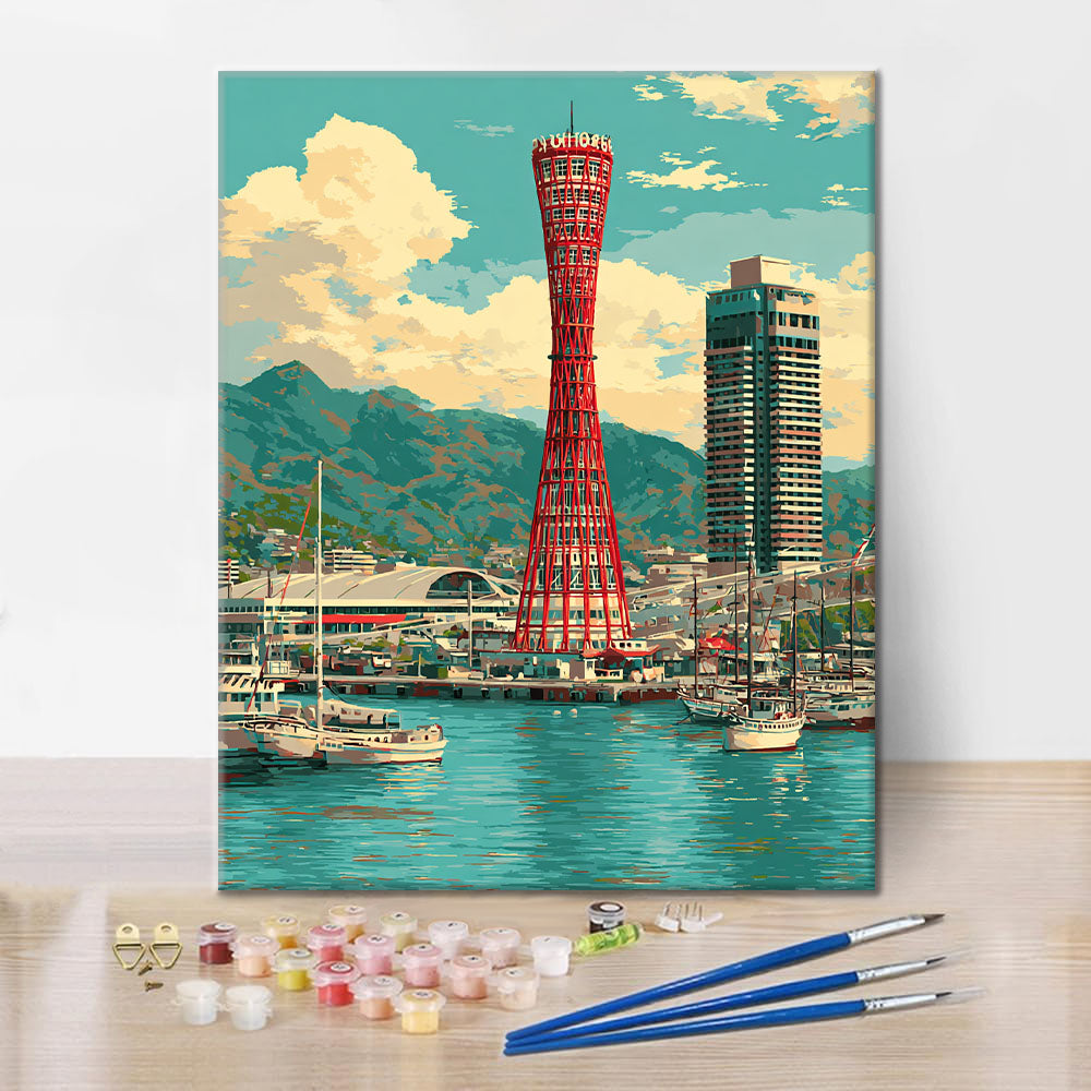 油絵「 KOBEポートタワー　 」F8号 色面で構成されたアートモチーフ｜赤・オレンジ・ゴールドの色調｜数字