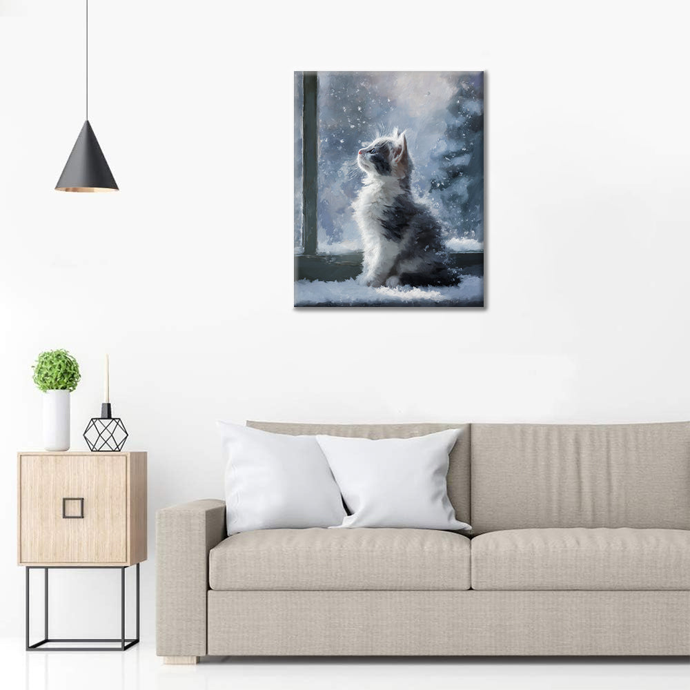 雪が降る中に住む子猫 – 数字で塗り絵