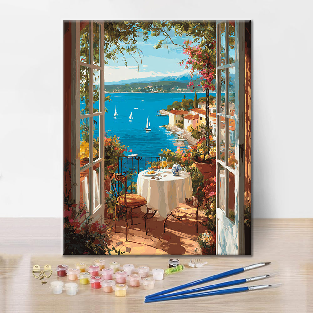 窓からの海の景色。 – 数字で塗り絵