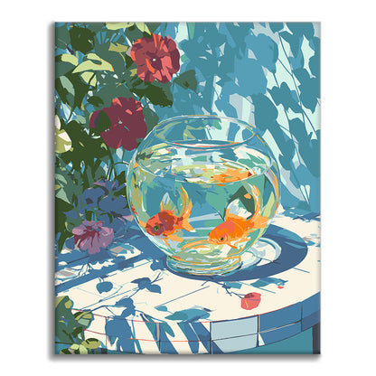 金魚鉢と花 - 数字で塗り絵