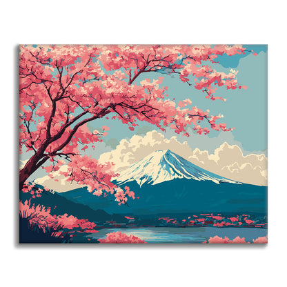 富士山の春の風景 - 数字で塗り絵