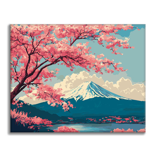 富士山の春の風景 - 数字で塗り絵