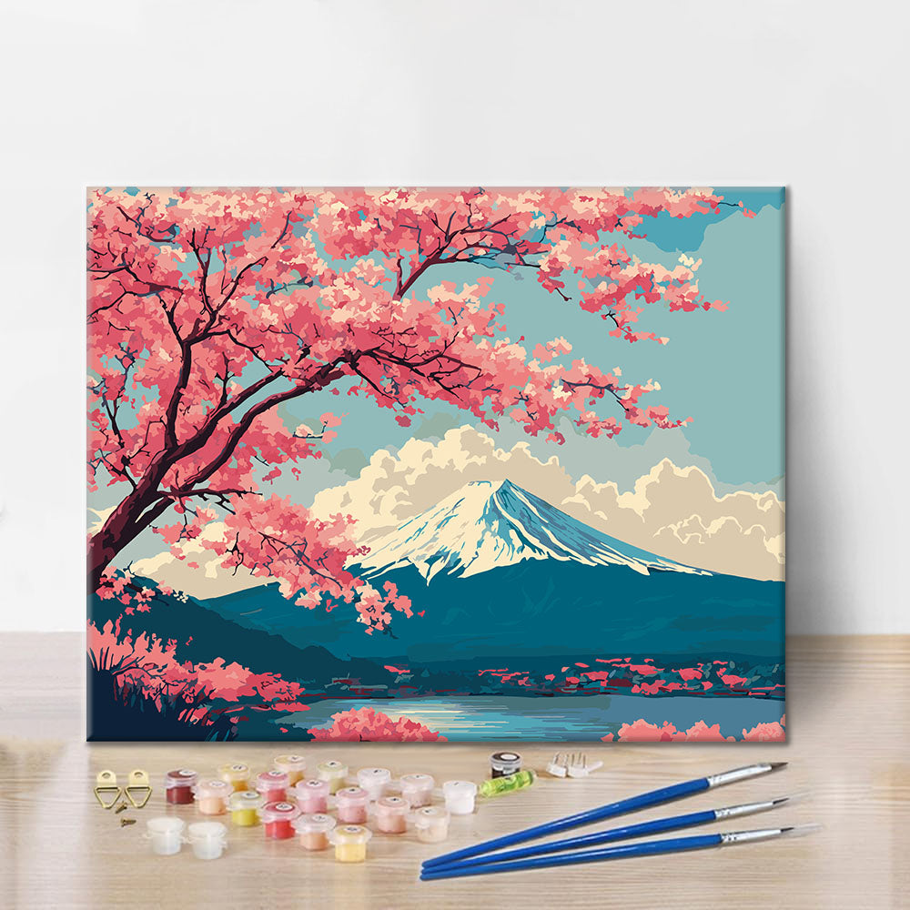 富士山の春の風景 - 数字で塗り絵