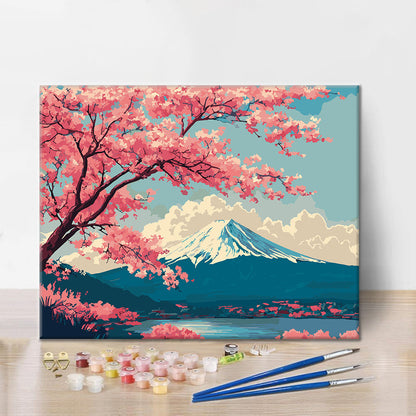 富士山の春の風景 - 数字で塗り絵