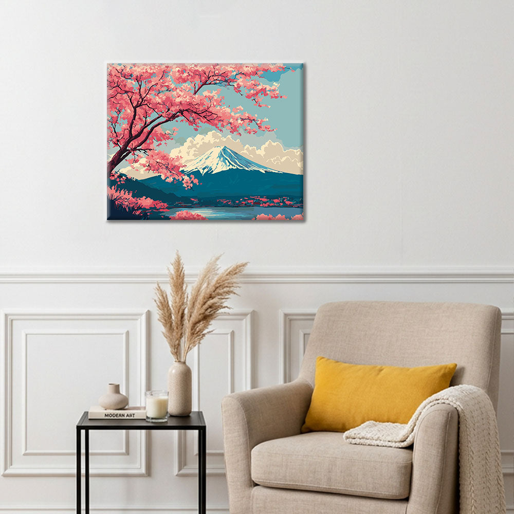 富士山の春の風景 - 数字で塗り絵