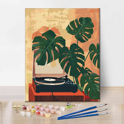 蓄音機と緑の植物 - 数字で塗り絵