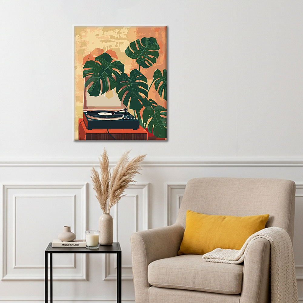 蓄音機と緑の植物 - 数字で塗り絵