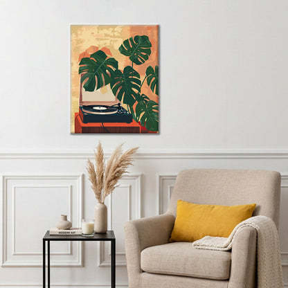 蓄音機と緑の植物 - 数字で塗り絵