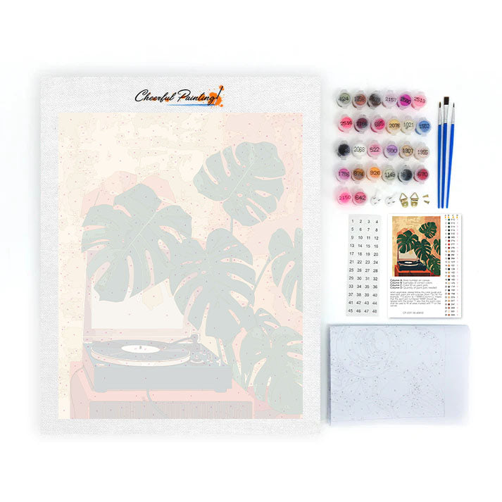 蓄音機と緑の植物 - 数字で塗り絵