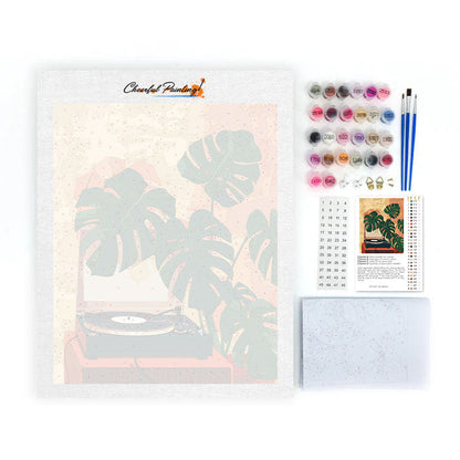 蓄音機と緑の植物 - 数字で塗り絵