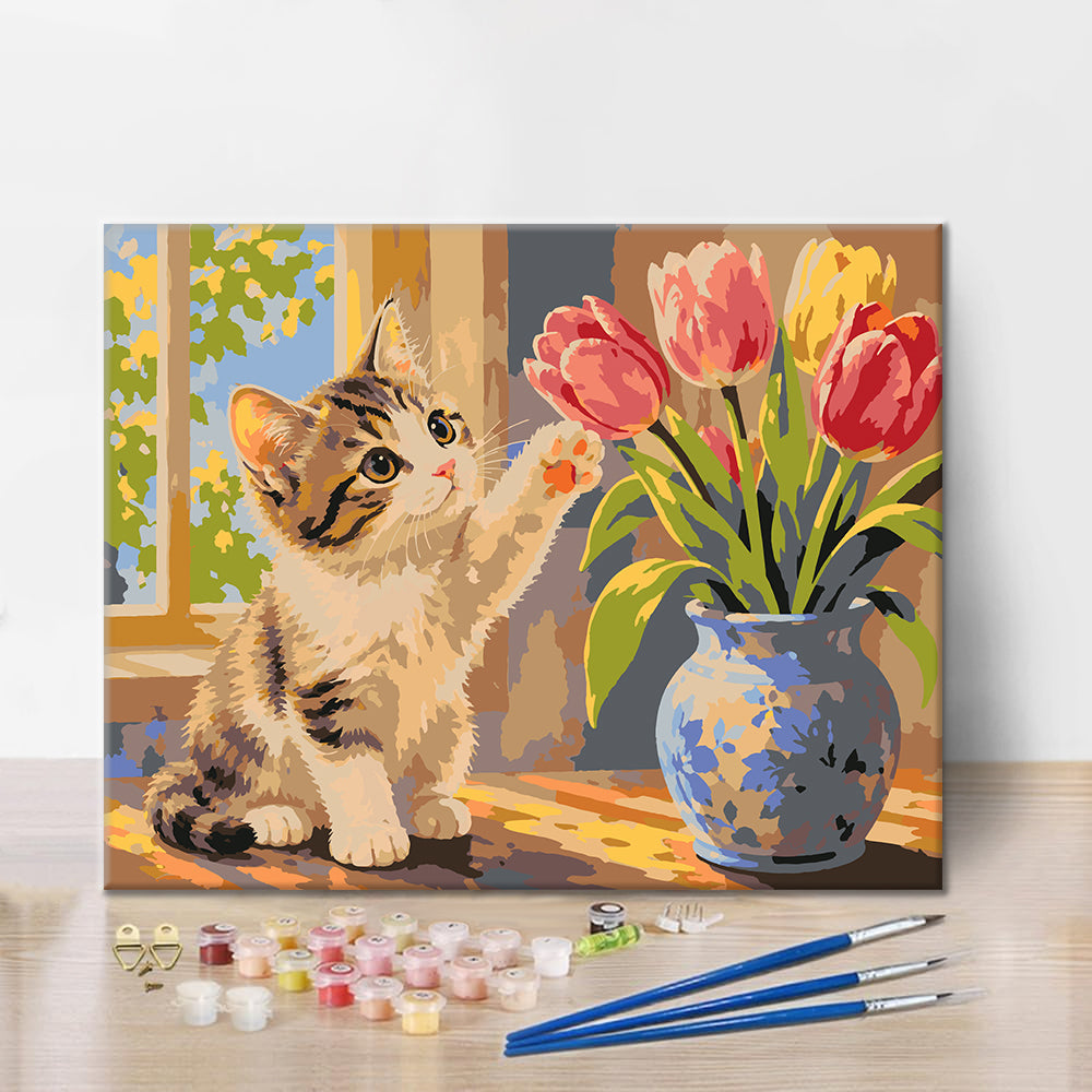 子猫とチューリップ – 数字で塗り絵