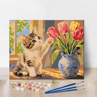 子猫とチューリップ – 数字で塗り絵