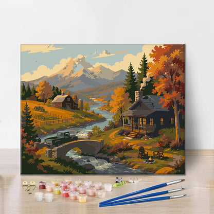 小川のそばの山小屋 – 数字で塗り絵