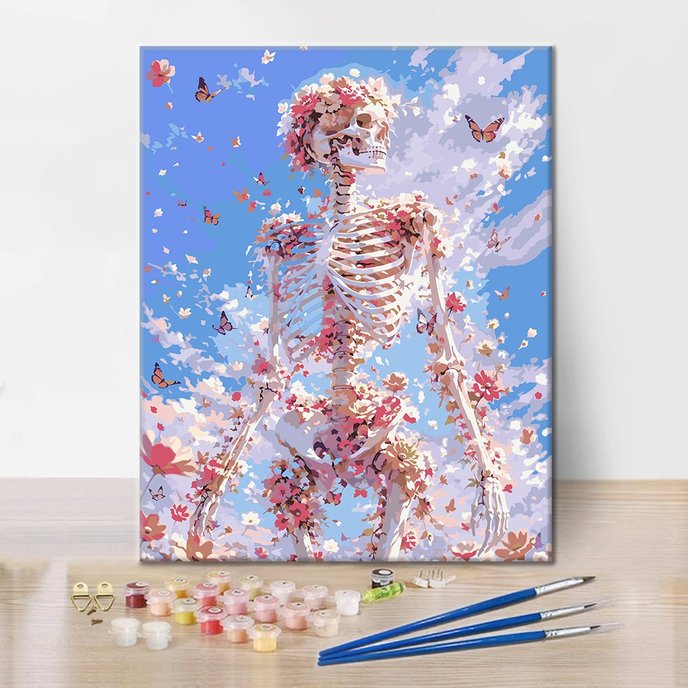 青空の下の花の骸骨 – 数字で塗り絵