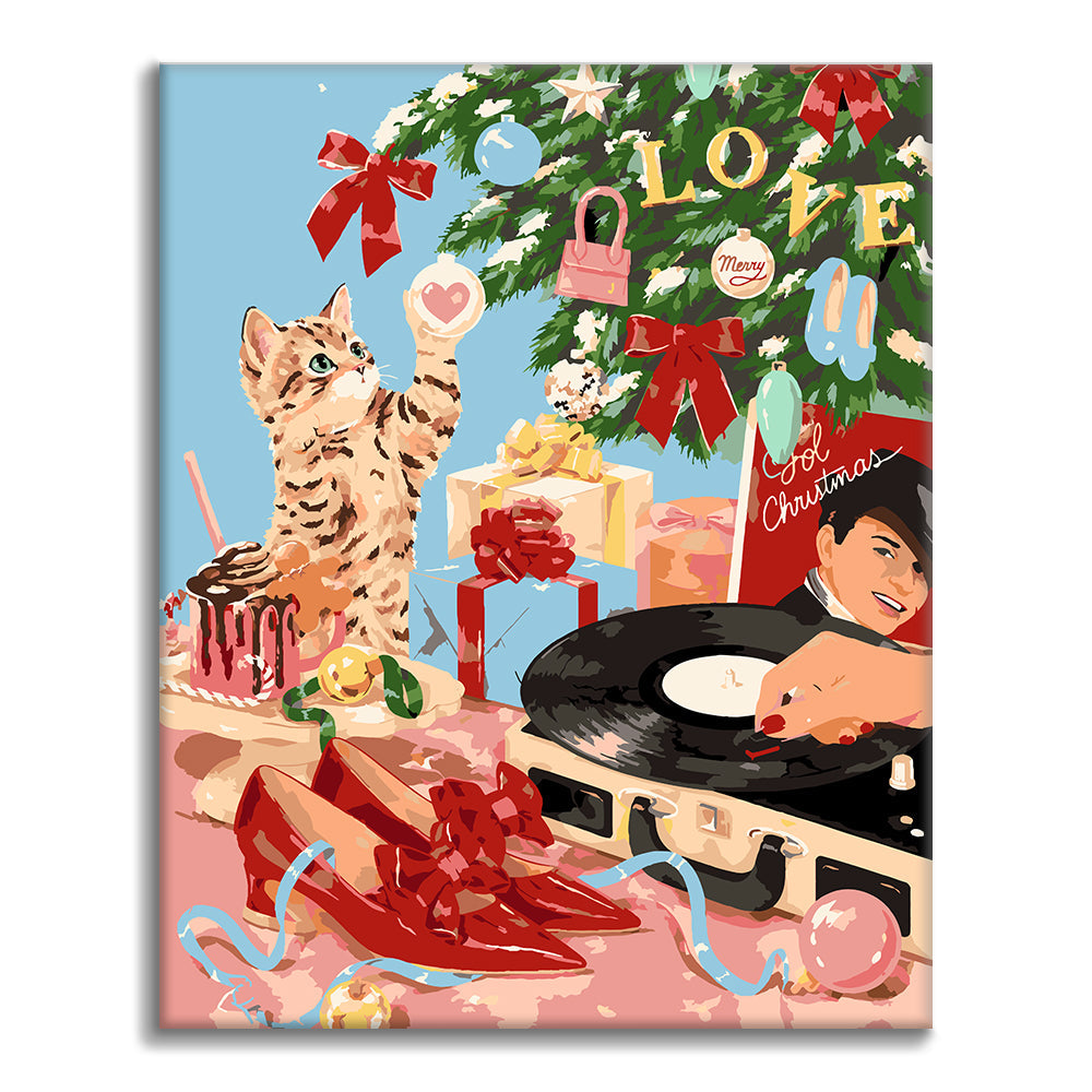 猫たちのレトロクリスマスパーティー – 数字で塗り絵