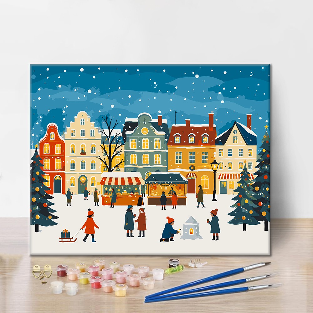 雪のクリスマスマーケット広場 – 数字で塗り絵