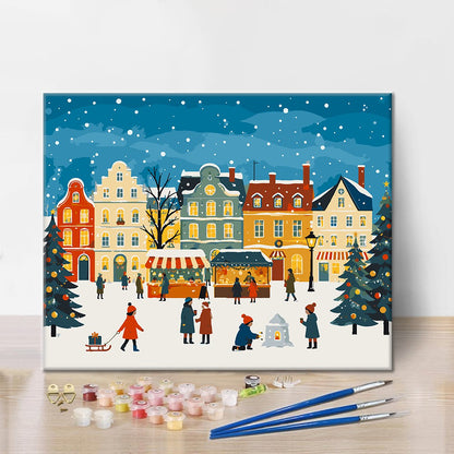 雪のクリスマスマーケット広場 – 数字で塗り絵