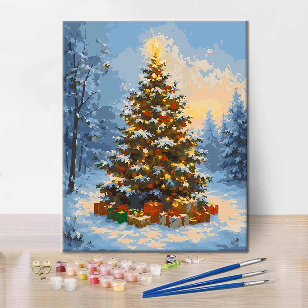 雪の中のクリスマスツリー – 数字で塗り絵