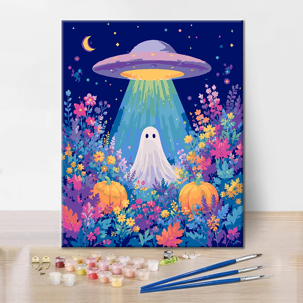 花畑のUFOとゴースト – 数字で塗り絵