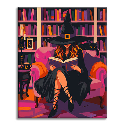 ピンクの図書館で読む魔女 – 数字で塗り絵
