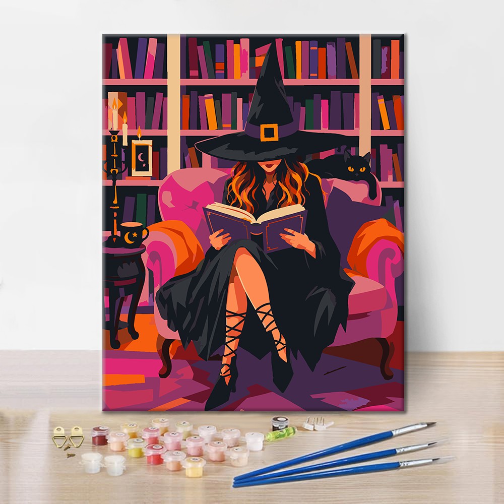 ピンクの図書館で読む魔女 – 数字で塗り絵