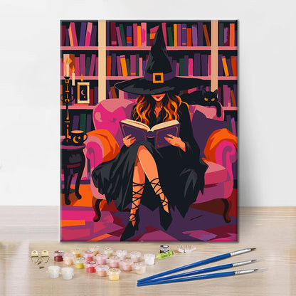 ピンクの図書館で読む魔女 – 数字で塗り絵
