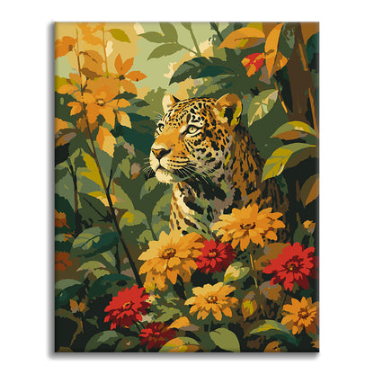 南国の花の中のヒョウ – 数字で塗り絵