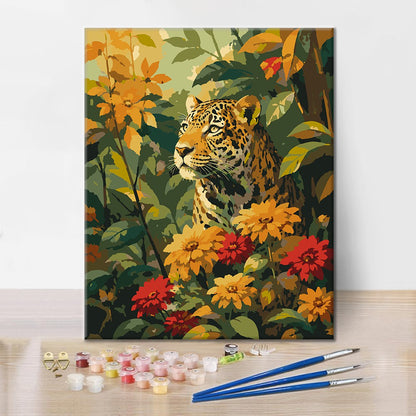 南国の花の中のヒョウ – 数字で塗り絵