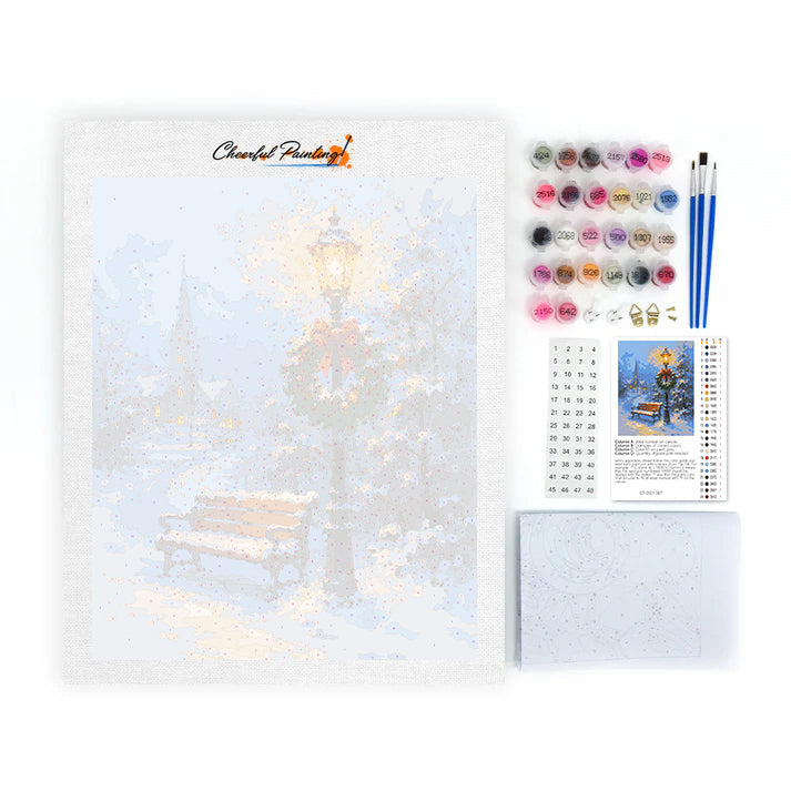 雪のベンチと祝祭のランプ – 数字で塗り絵