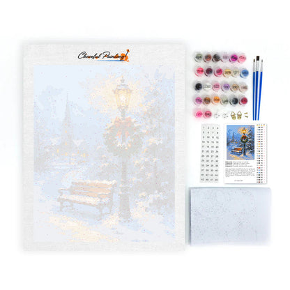 雪のベンチと祝祭のランプ – 数字で塗り絵